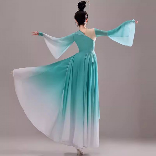 Women Green gradient chinese ancient traditional Classical dance costume girl Chinese fairy hanfu umbrella fan dance dresses